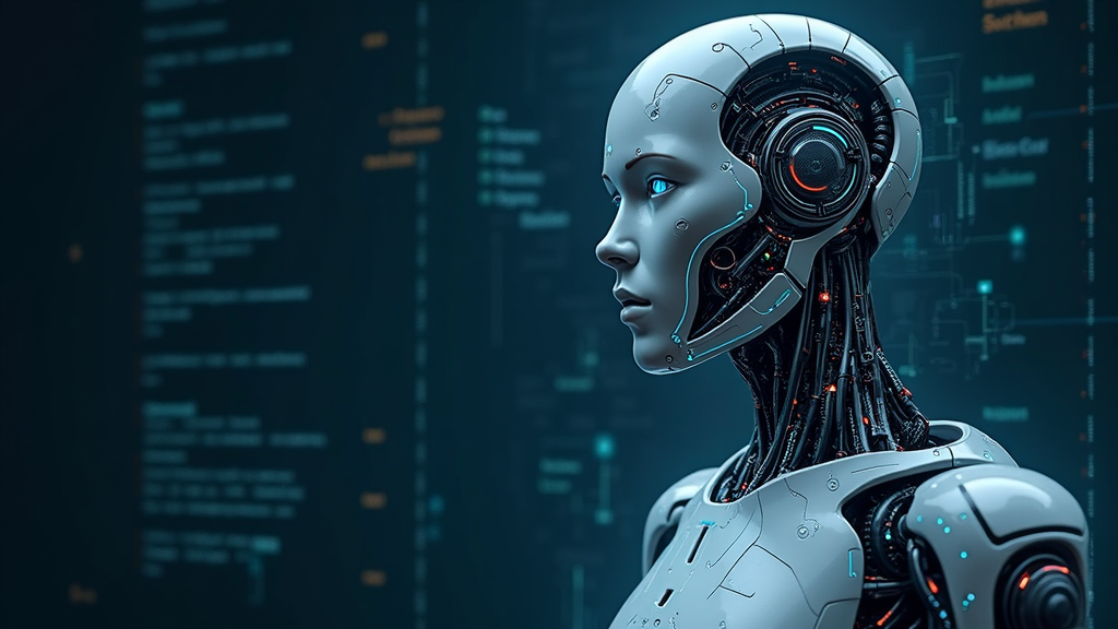 Stylized AI robot with data flows