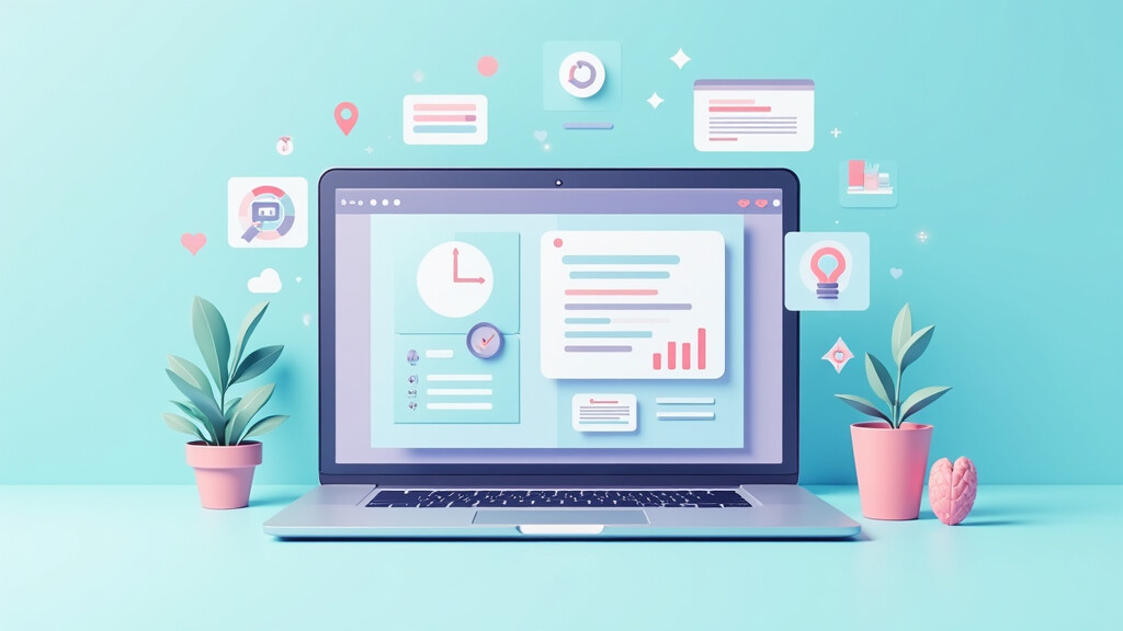 Stylized laptop surrounded by creative digital icons and products