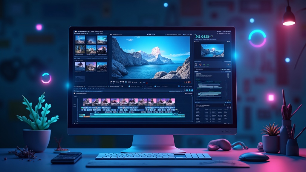 AI-generated illustration of digital video creation tools and futuristic video editing interface on a computer screen.