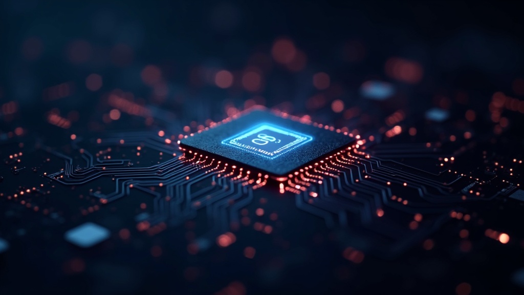 AI video processing chip with glowing data paths