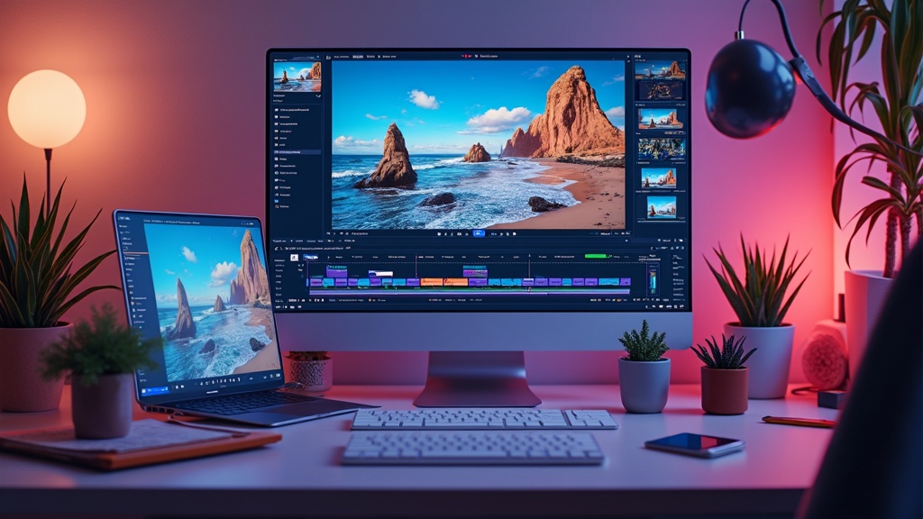 Colorful digital workspace with AI-powered video editing and high-tech video creation tools.