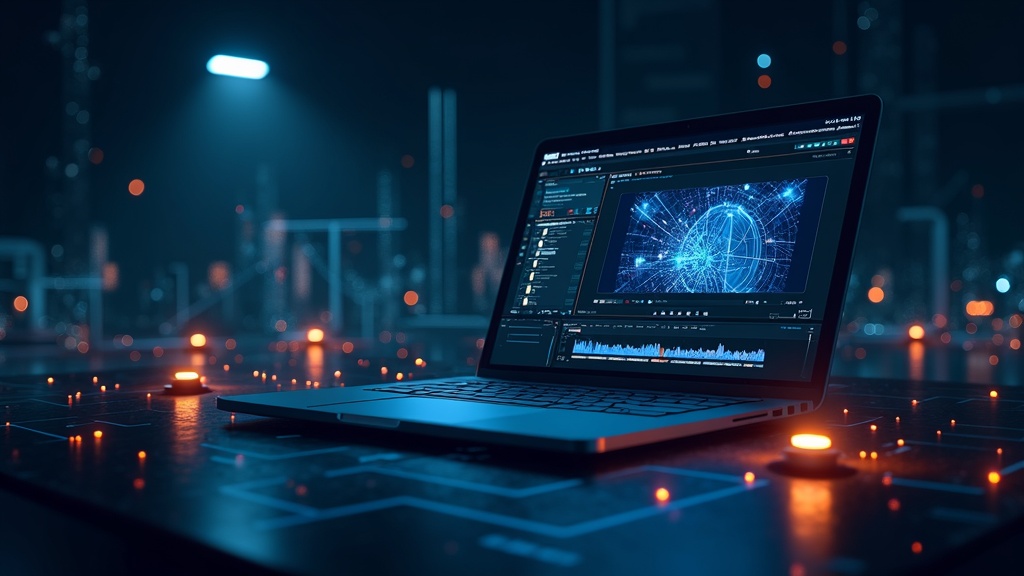 Futuristic AI video editing interface on a tablet and laptop surrounded by digital elements and glowing icons.