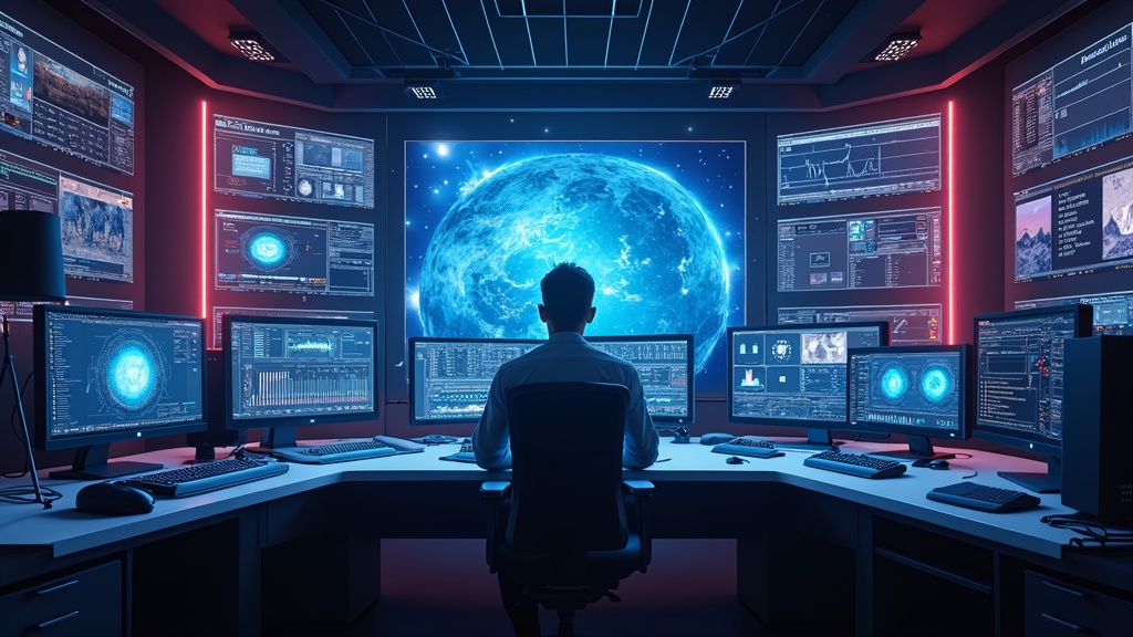 Futuristic digital studio with AI interfaces and glowing video creation technology.