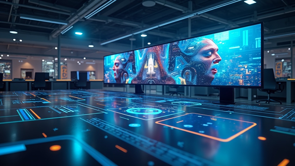 Bright, futuristic visualization of AI tools arranging video scenes in a creative workspace