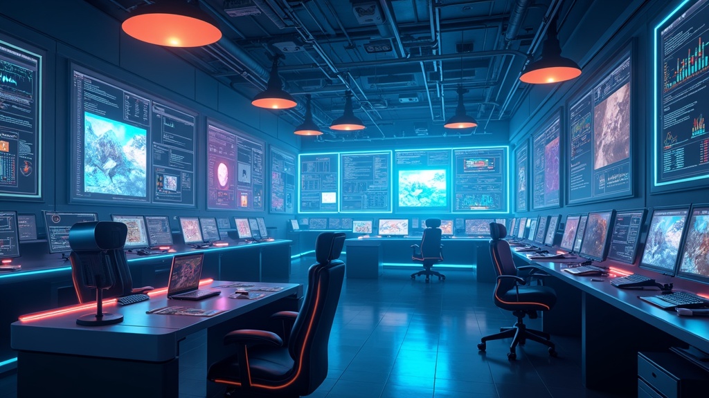 Futuristic AI workspace with floating screens and video timelines