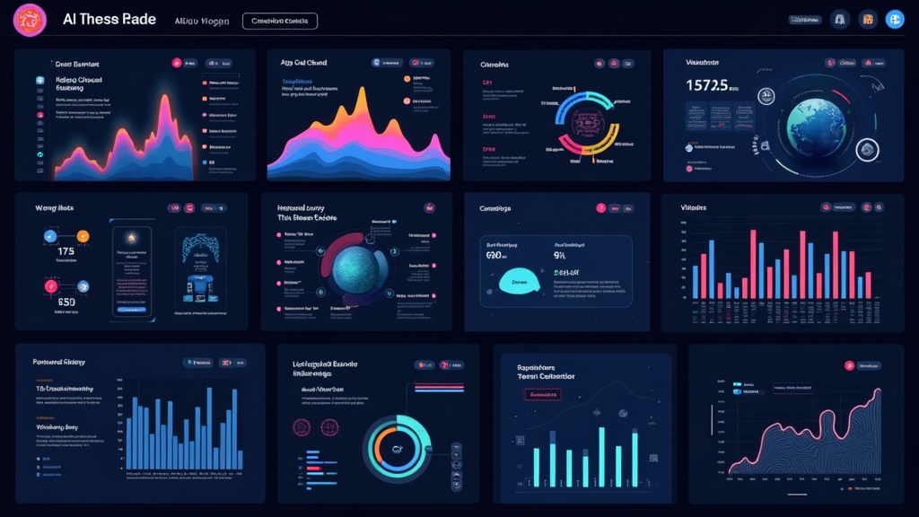 Modern, creative AI dashboard with colorful video elements, icons, and tech visuals