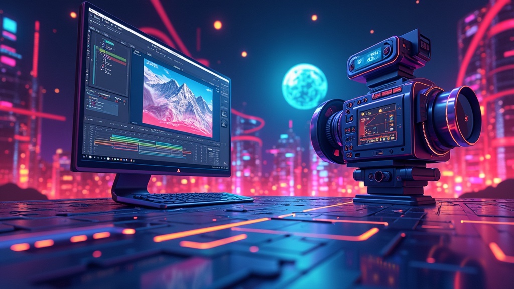Vibrant futuristic illustration of abstract AI camera and video editing environment