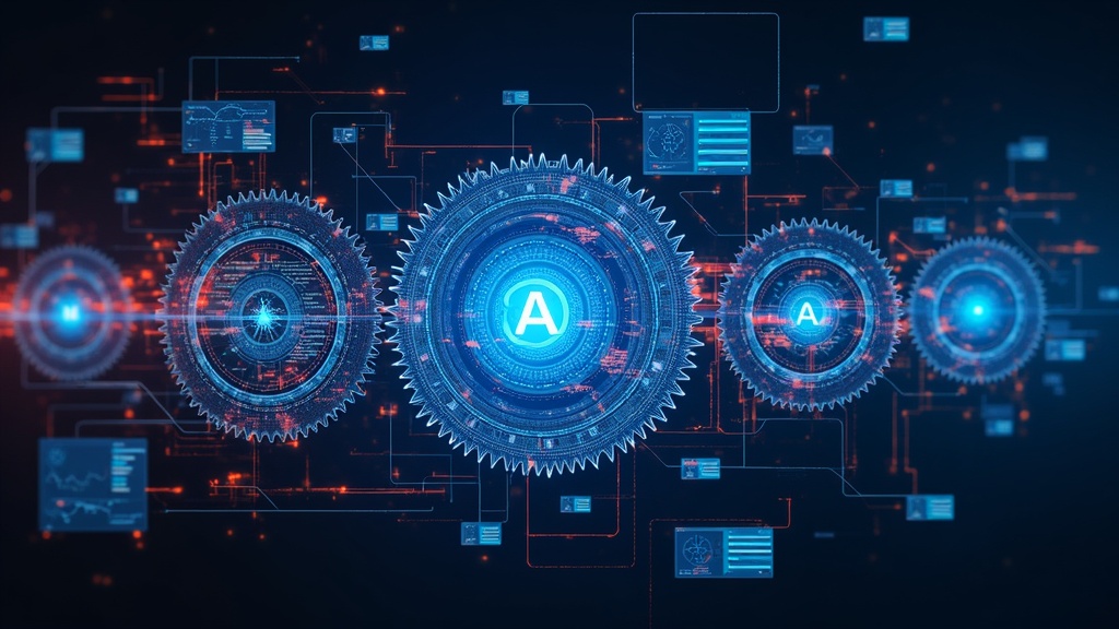 Vivid AI artwork depicting digital cogs and screens composing a video sequence