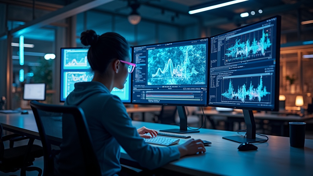 Abstract futuristic video editing workspace, digital interface with AI elements, screens and glowing data