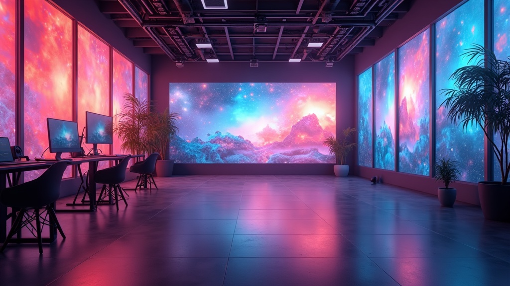 AI engine generating video edits in a bright digital studio, creative AI-infused workstation