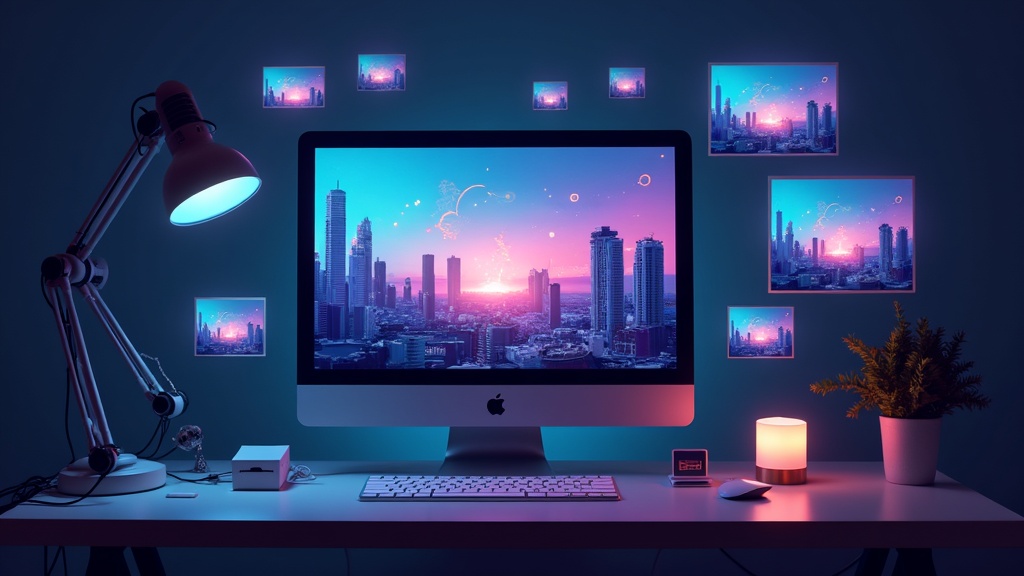 AI-powered video creation setup with futuristic icons, computer, and colorful video frames.