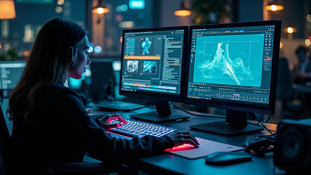 Futuristic AI script writing interface and video editing desk