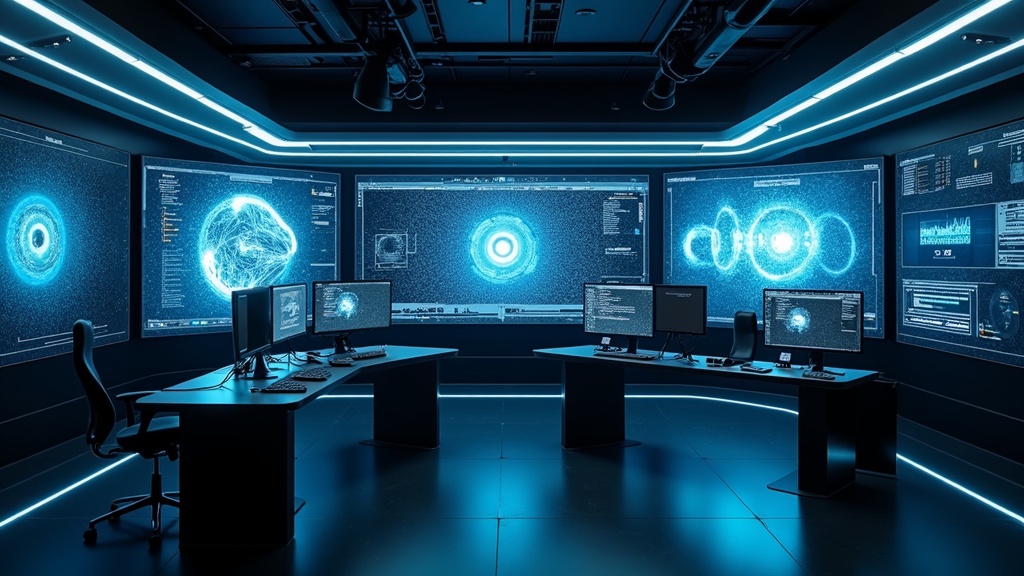 Glowing futuristic AI core powering a creative digital editing space, lots of colorful layers