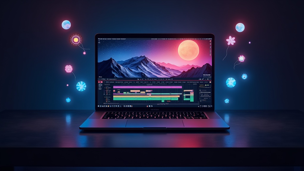 Laptop with video editing software using AI, glowing interface, and creative icons.