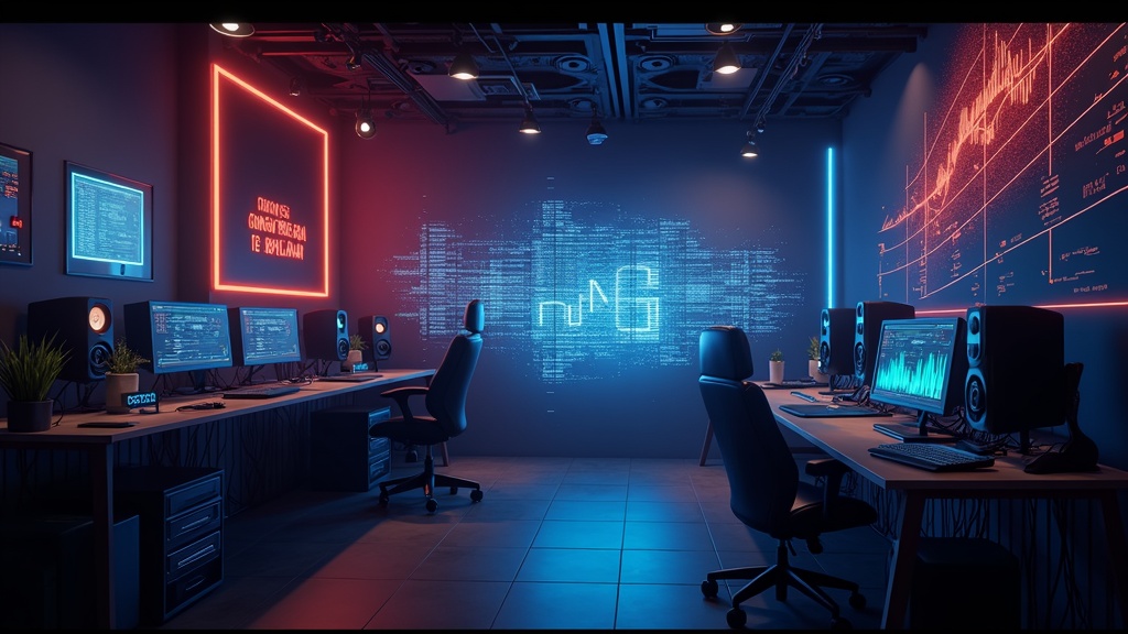 Modern AI voiceover recording studio with digital audio editing