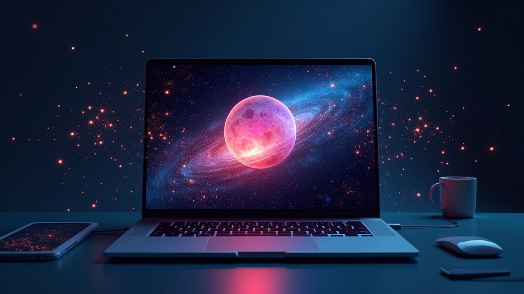 Modern computer with AI video features, glowing particles, and vibrant video snippets.