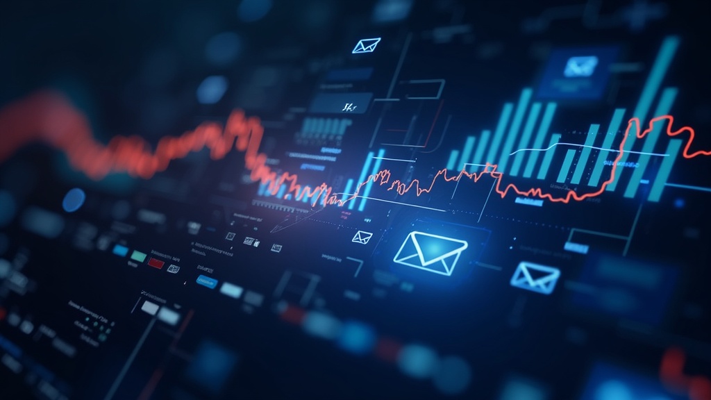 Abstract visualization of AI analyzing subscriber data with glowing charts and email envelopes.