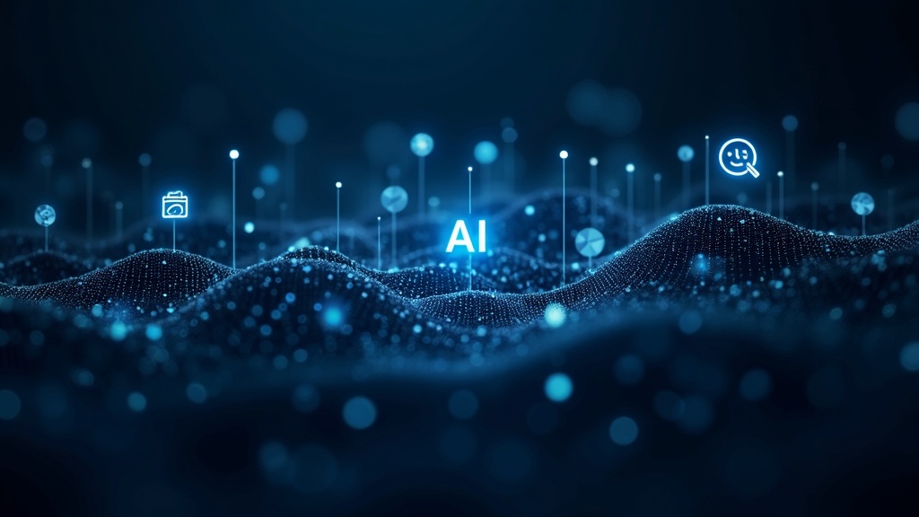 AI algorithm visual with product icons and data streams