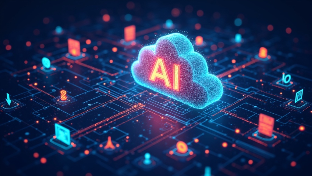 Colorful, abstract representation of AI tools working on cloud data with network connections