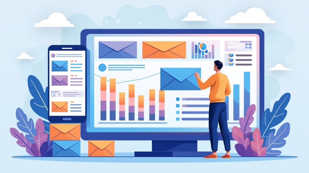 Colorful illustration of AI-powered email campaign dashboard, data charts and envelopes.