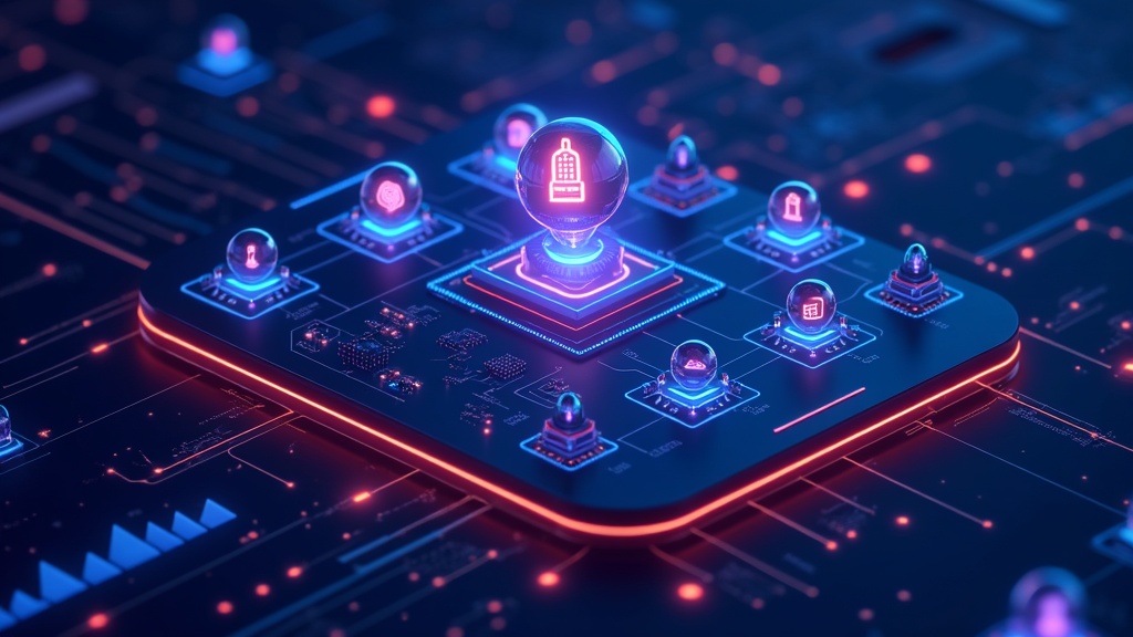 Futuristic control panel showing AI tool icons for affiliate marketing