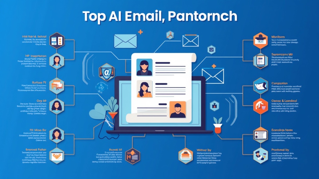 Illustration of futuristic AI workspace with digital dashboards and email icons.