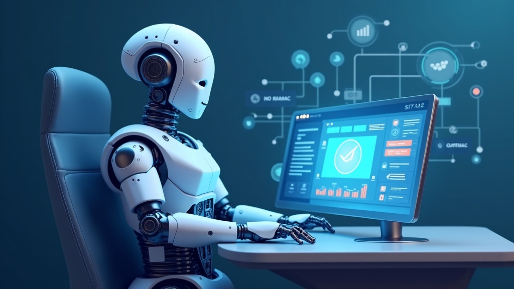 Robot assistant working on affiliate marketing tasks including analytics, content, and automation