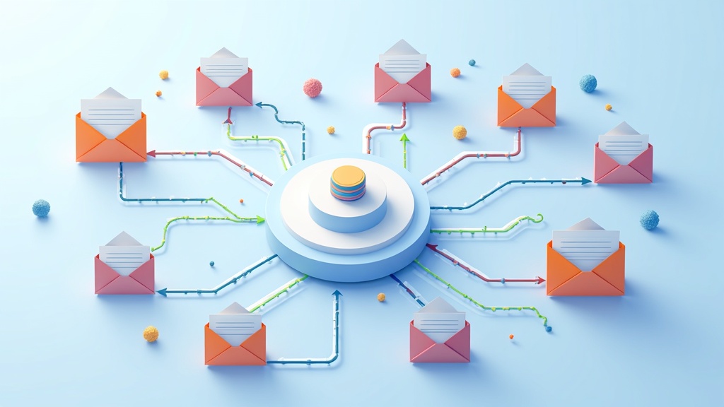 Visual concept of smart automated email workflow with colorful lines connecting envelopes.